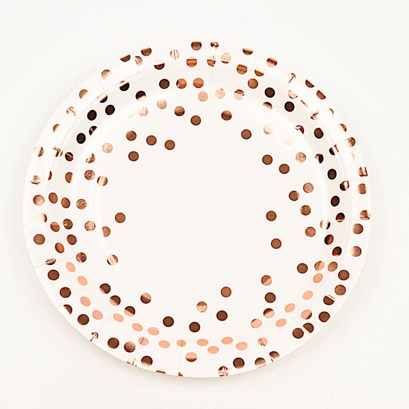 25 White Round Disposable Paper Plates with Rose Gold Polka Dots