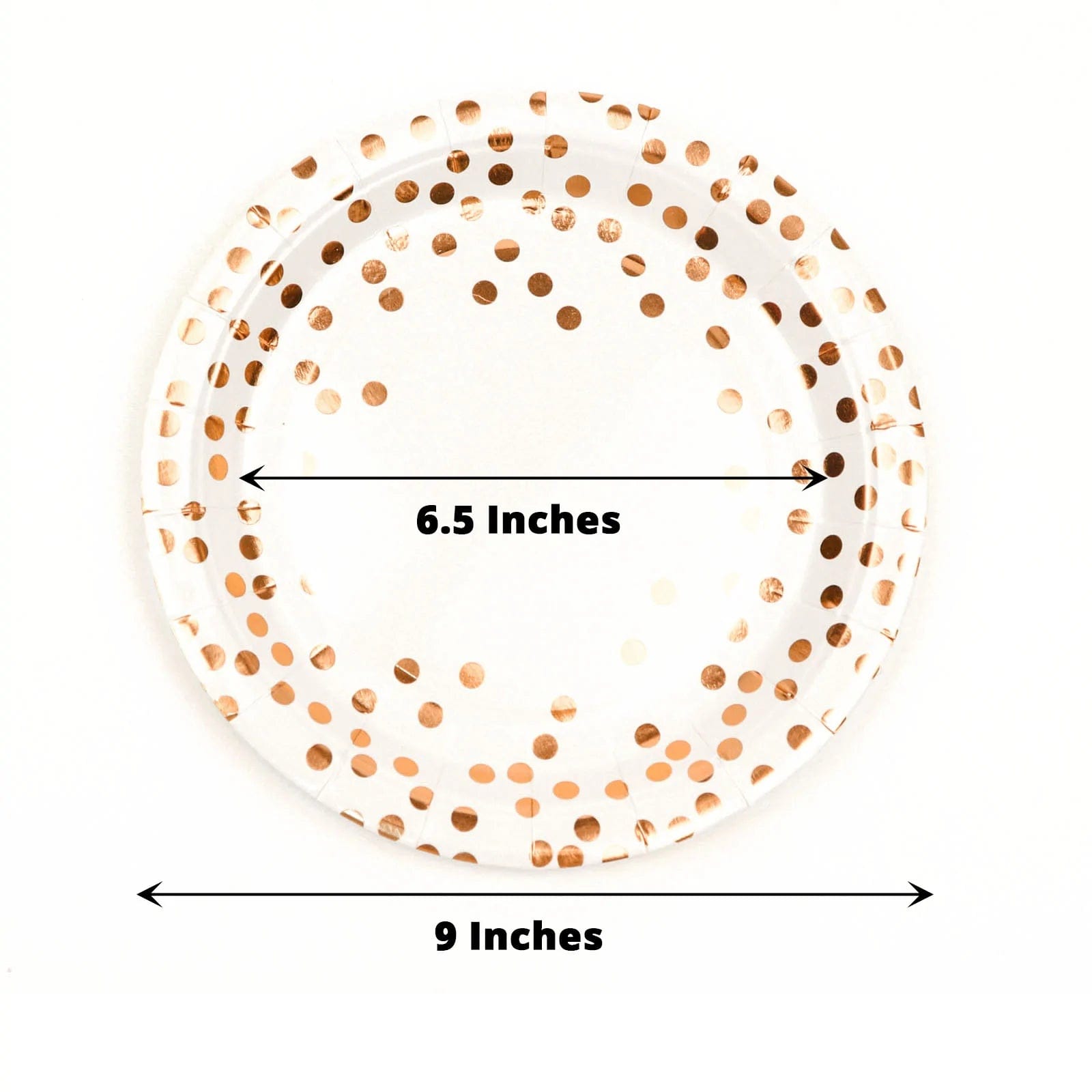 25 White Round Disposable Paper Plates with Rose Gold Polka Dots