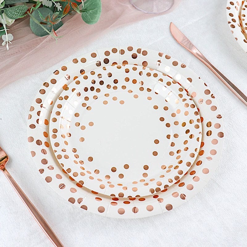 25 White Round Disposable Paper Plates with Rose Gold Polka Dots