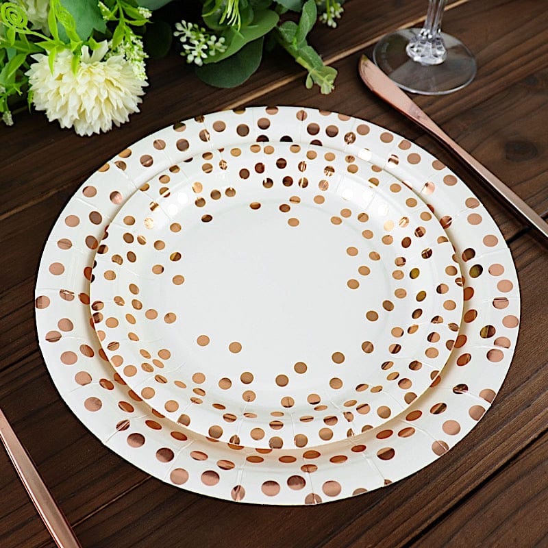 25 White Round Disposable Paper Plates with Rose Gold Polka Dots