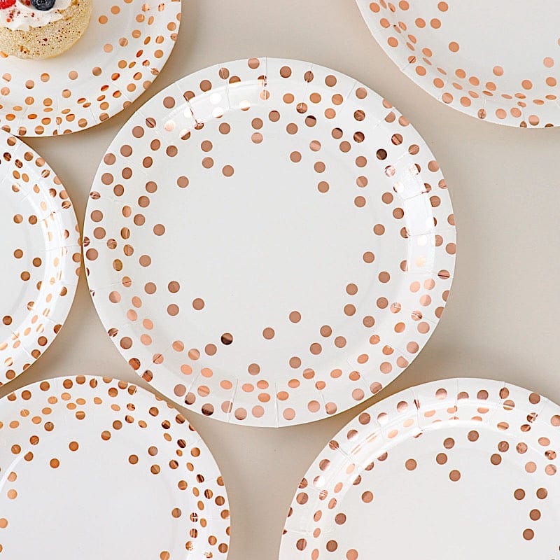 25 White Round Disposable Paper Plates with Rose Gold Polka Dots