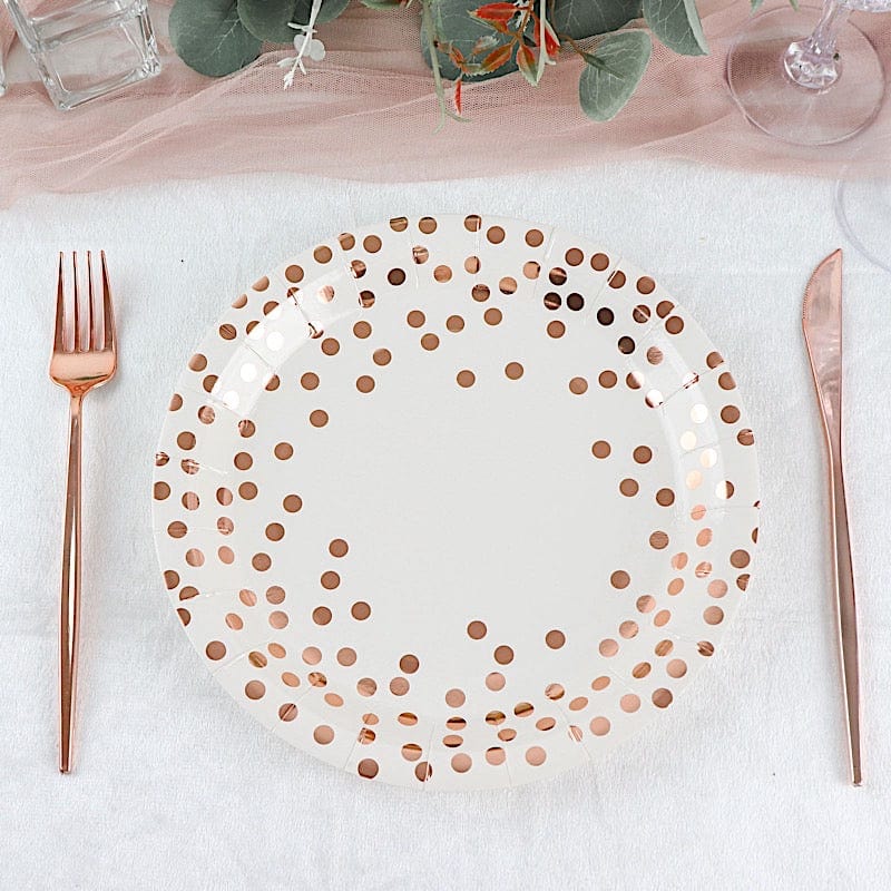 25 White Round Disposable Paper Plates with Rose Gold Polka Dots