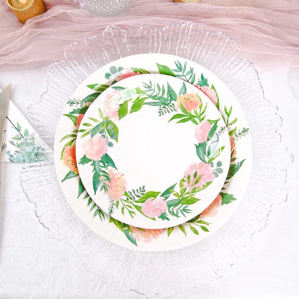 25 White Round Disposable Paper Salad Plates with Flower Wreath Design