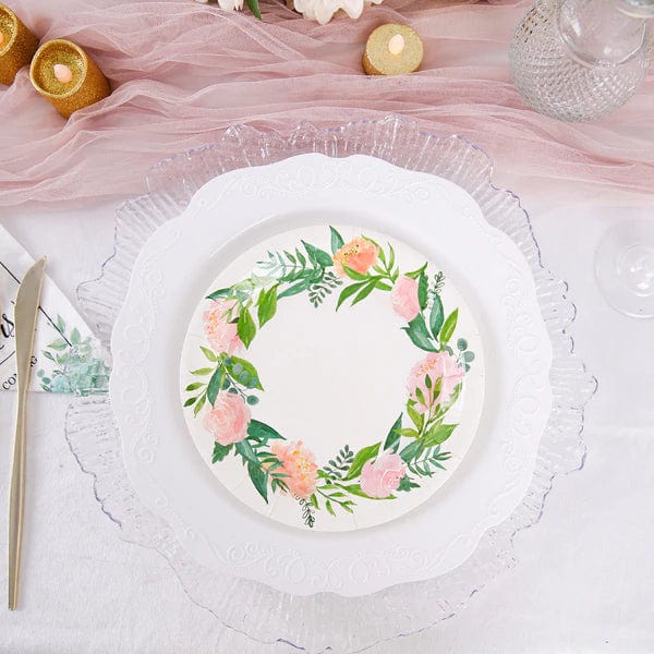 25 White Round Disposable Paper Salad Plates with Flower Wreath Design