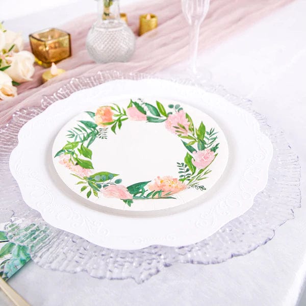 25 White Round Disposable Paper Salad Plates with Flower Wreath Design