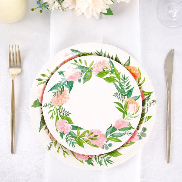 25 White Round Disposable Paper Salad Plates with Flower Wreath Design