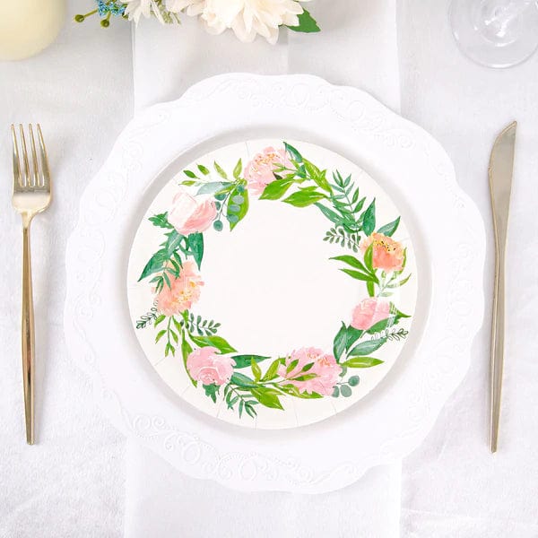 25 White Round Disposable Paper Salad Plates with Flower Wreath Design