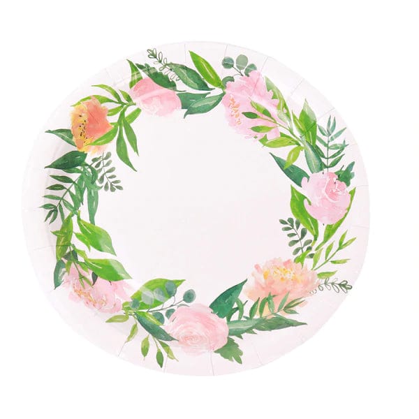 25 White Round Disposable Paper Salad Plates with Flower Wreath Design