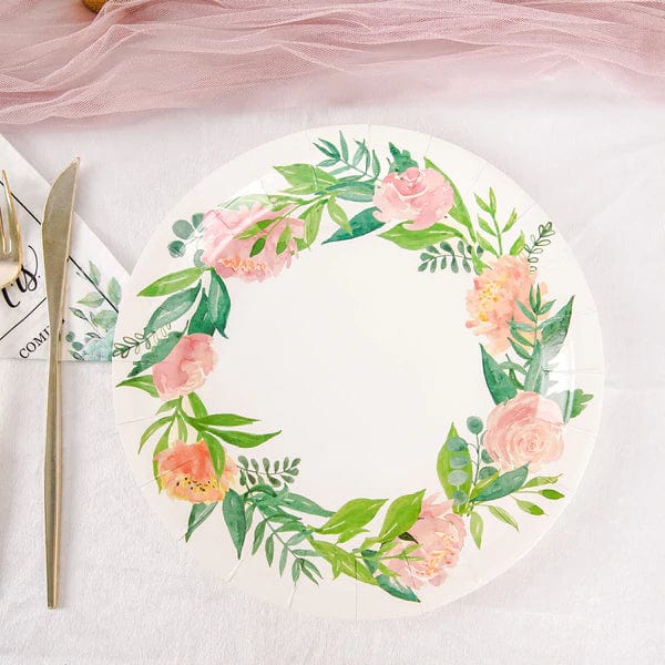 25 White Round Disposable Paper Salad Plates with Flower Wreath Design