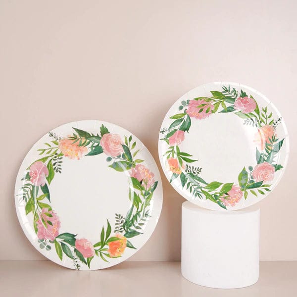 25 White Round Disposable Paper Salad Plates with Flower Wreath Design