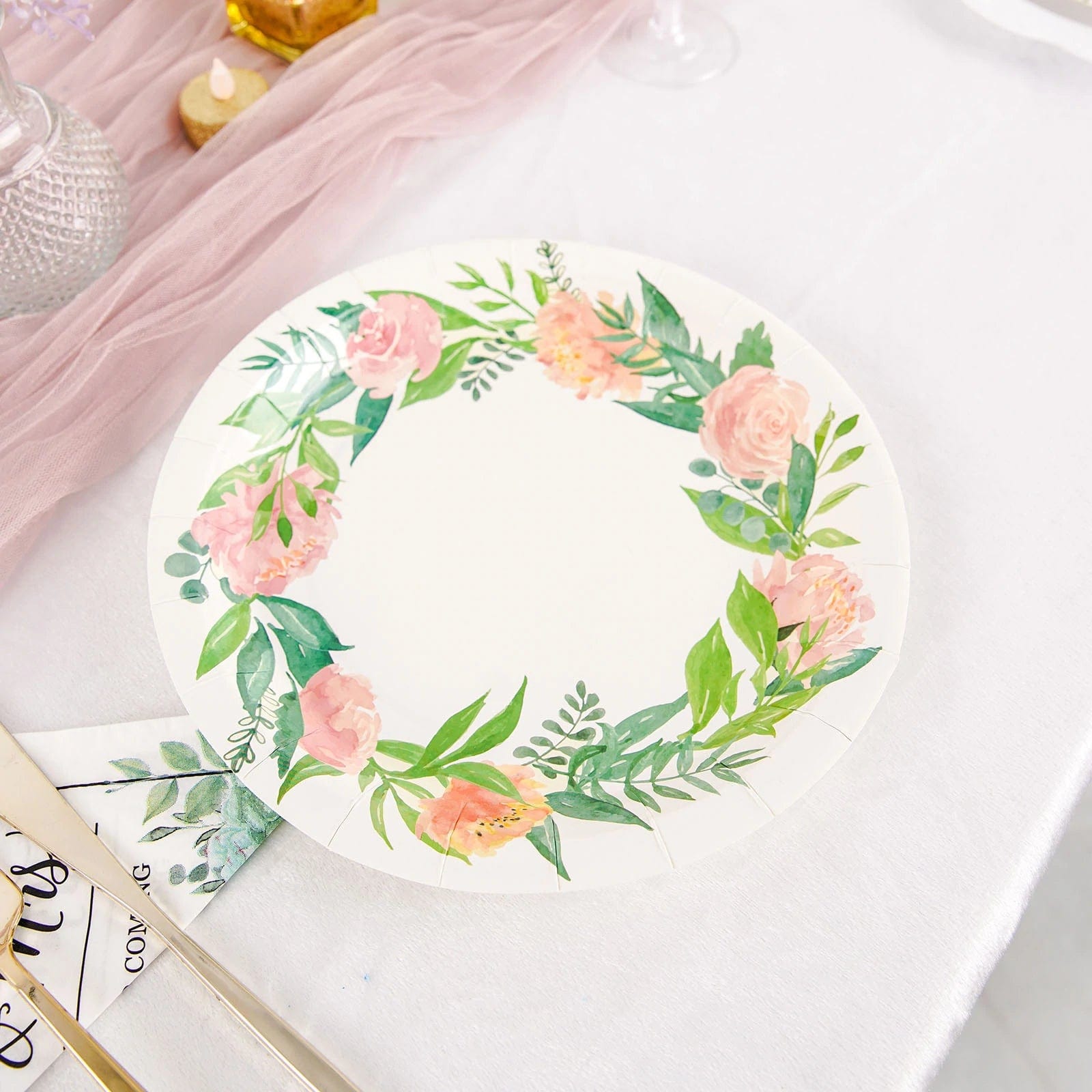 25 White Round Disposable Paper Salad Plates with Flower Wreath Design