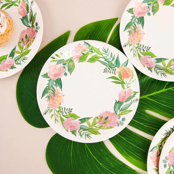 25 White Round Disposable Paper Salad Plates with Flower Wreath Design
