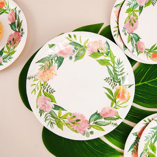 25 White Round Disposable Paper Salad Plates with Flower Wreath Design