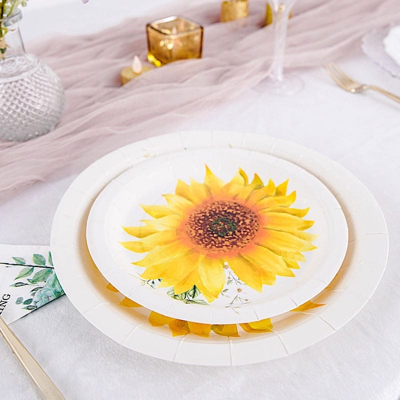 25 White Round Disposable Paper Salad Plates with Sunflower Design