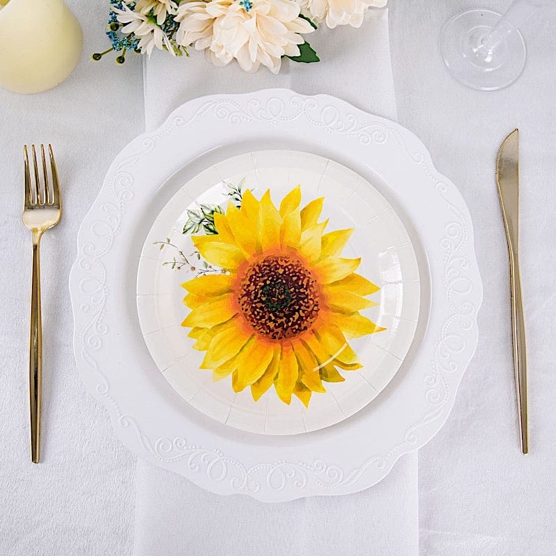 25 White Round Disposable Paper Salad Plates with Sunflower Design