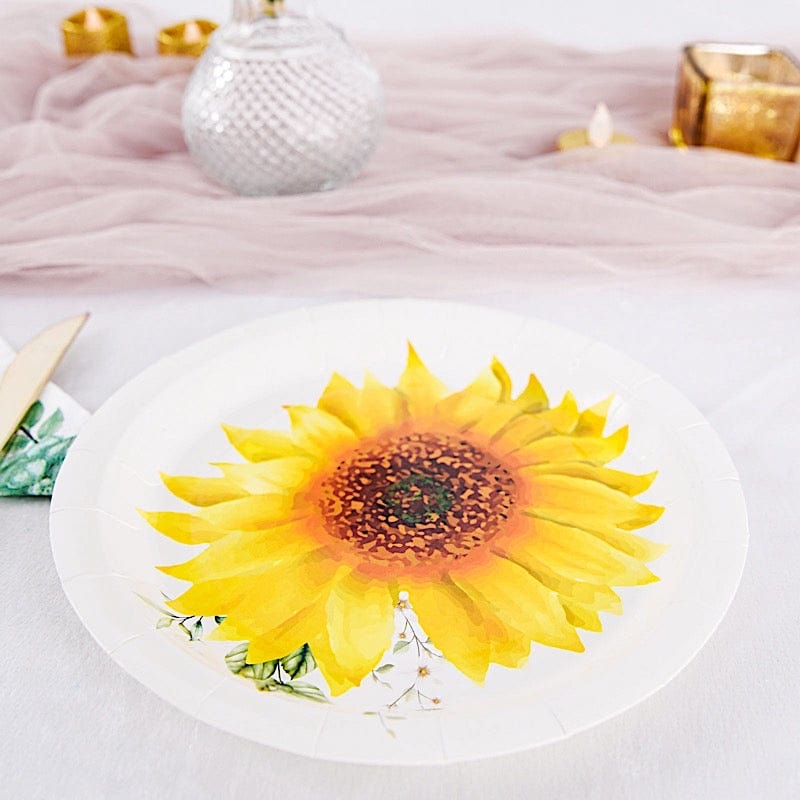 25 White Round Disposable Paper Salad Plates with Sunflower Design
