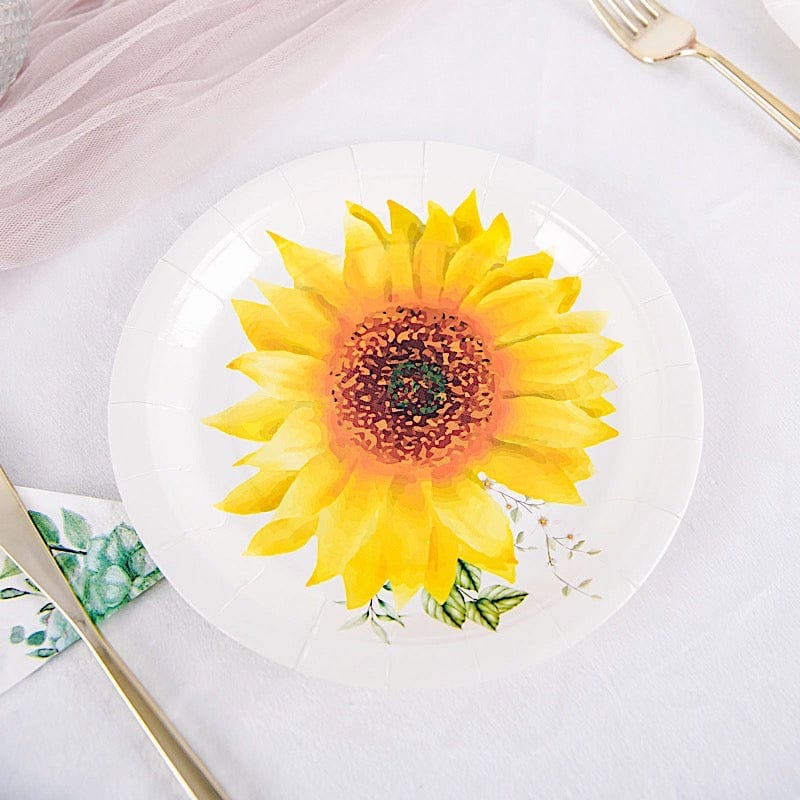 25 White Round Disposable Paper Salad Plates with Sunflower Design