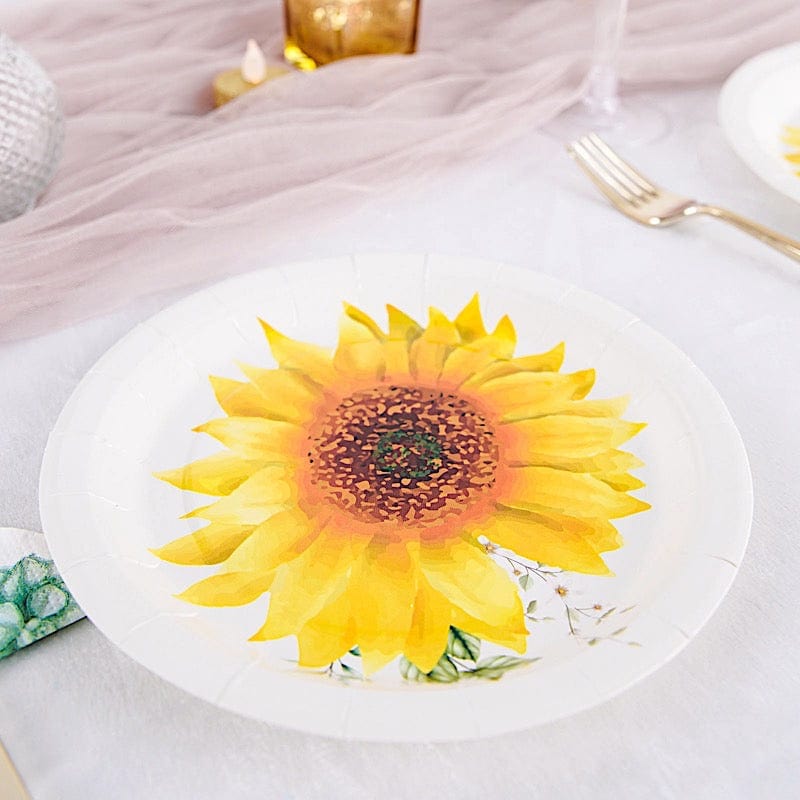 25 White Round Disposable Paper Salad Plates with Sunflower Design