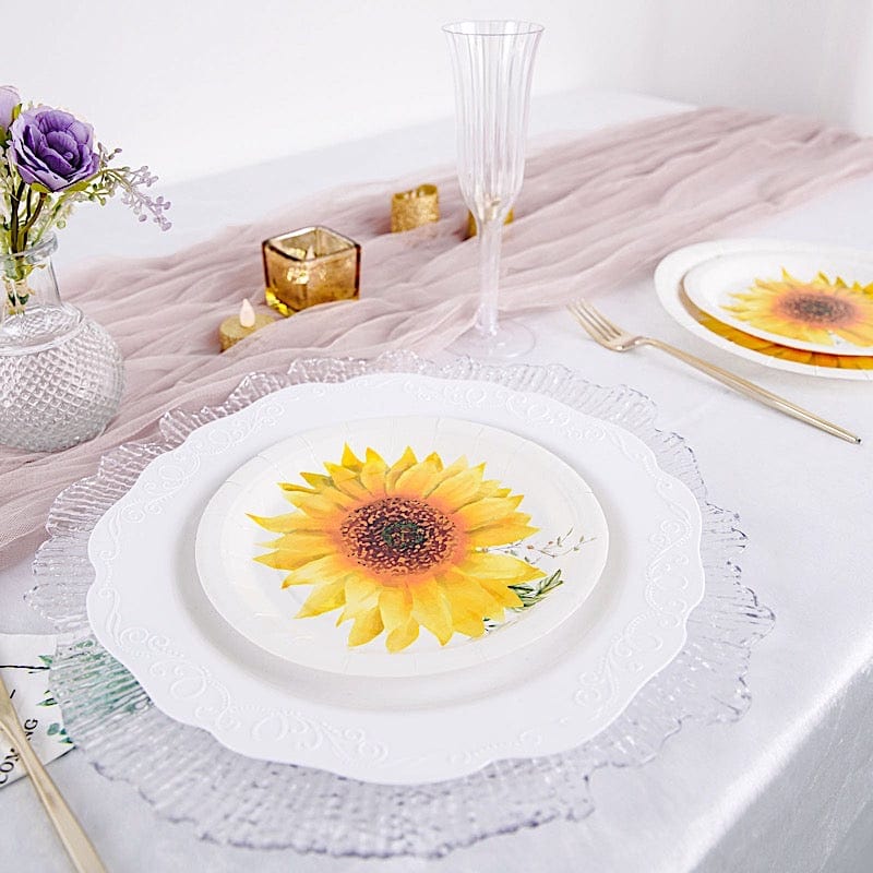 25 White Round Disposable Paper Salad Plates with Sunflower Design