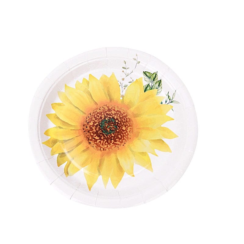 25 White Round Disposable Paper Salad Plates with Sunflower Design