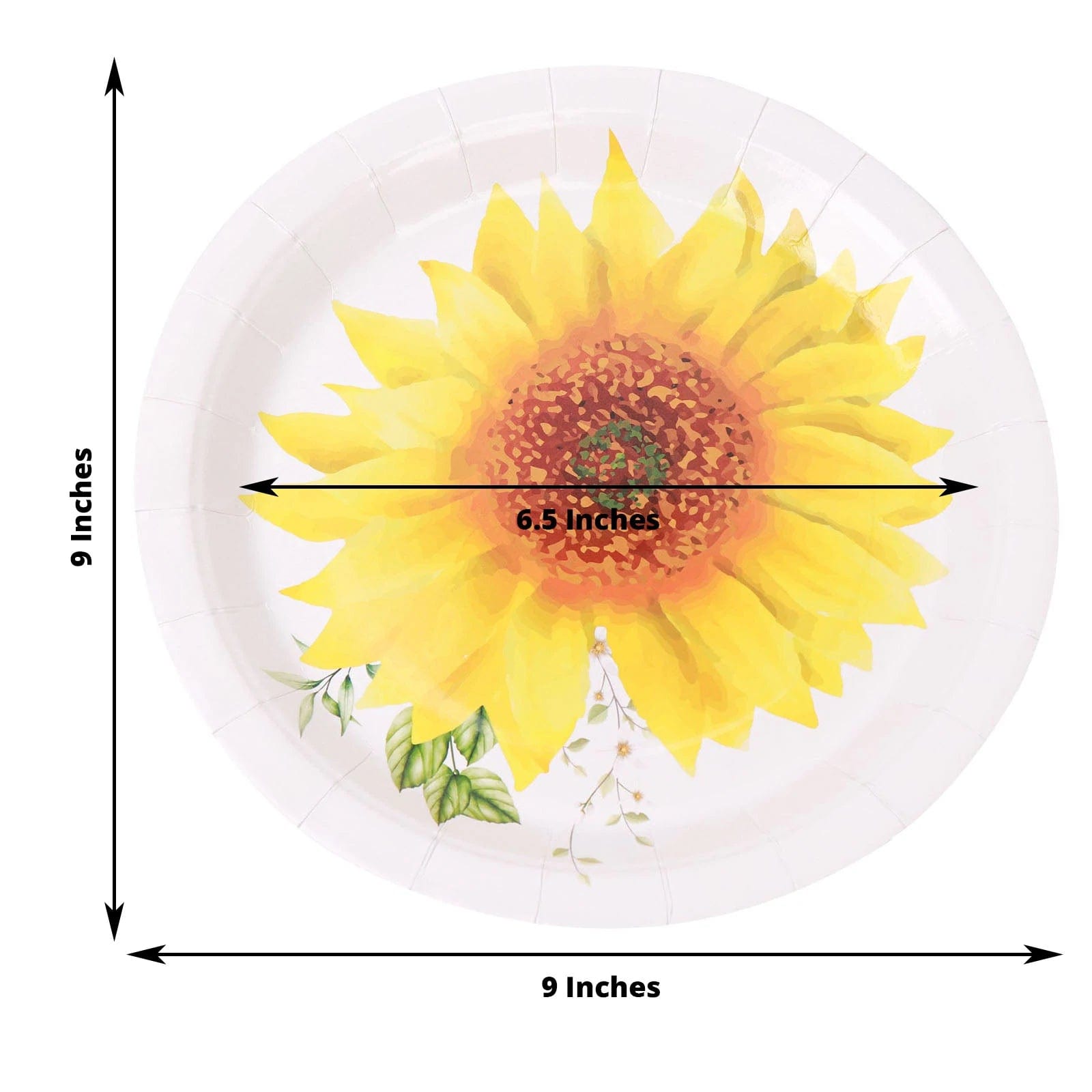 25 White Round Disposable Paper Salad Plates with Sunflower Design
