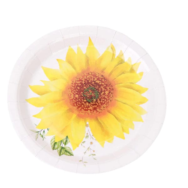 25 White Round Disposable Paper Salad Plates with Sunflower Design