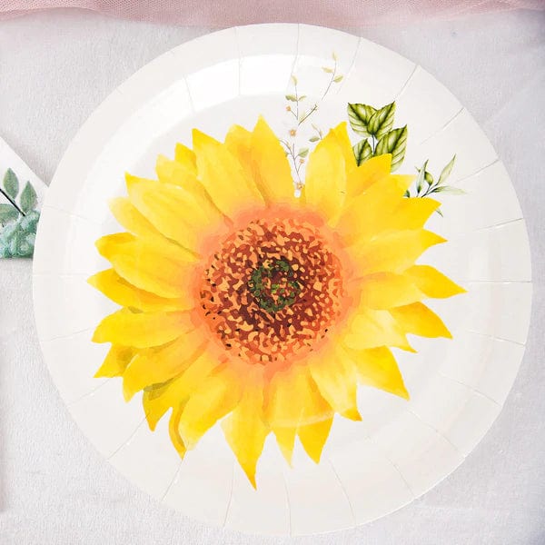 25 White Round Disposable Paper Salad Plates with Sunflower Design