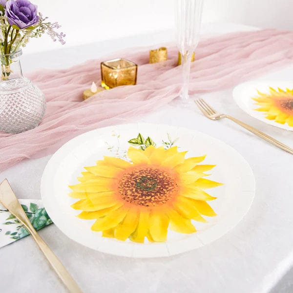 25 White Round Disposable Paper Salad Plates with Sunflower Design