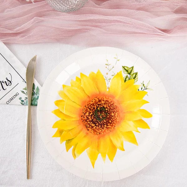 25 White Round Disposable Paper Salad Plates with Sunflower Design