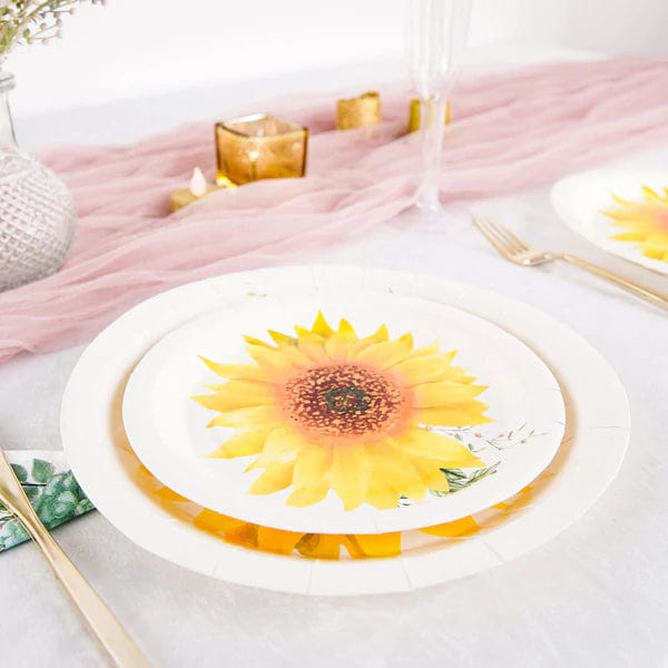 25 White Round Disposable Paper Salad Plates with Sunflower Design