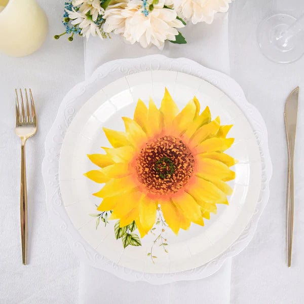 25 White Round Disposable Paper Salad Plates with Sunflower Design