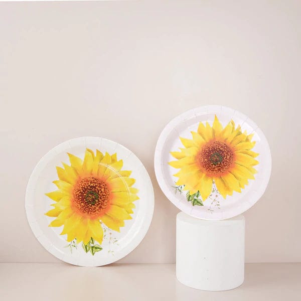 25 White Round Disposable Paper Salad Plates with Sunflower Design
