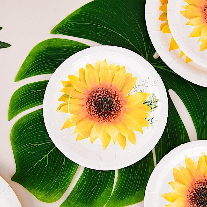 25 White Round Disposable Paper Salad Plates with Sunflower Design
