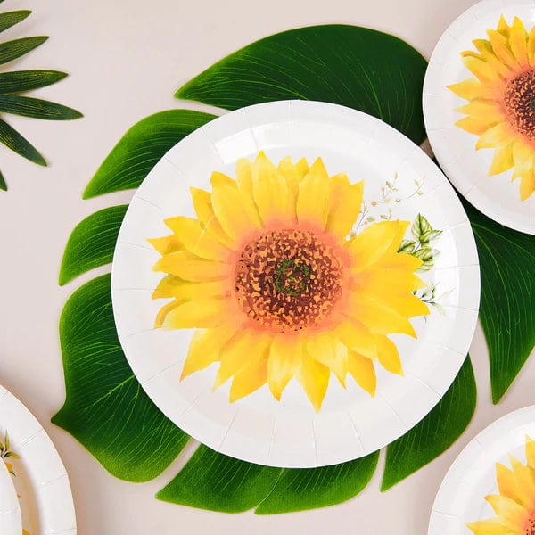 25 White Round Disposable Paper Salad Plates with Sunflower Design