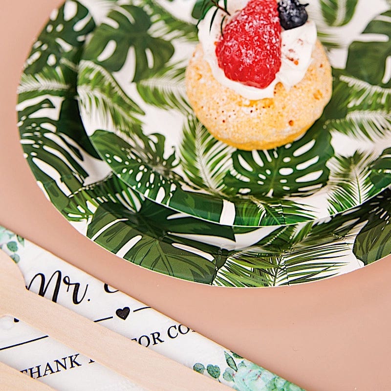 25 White Round Disposable Paper Salad Plates with Tropical Leaves Design