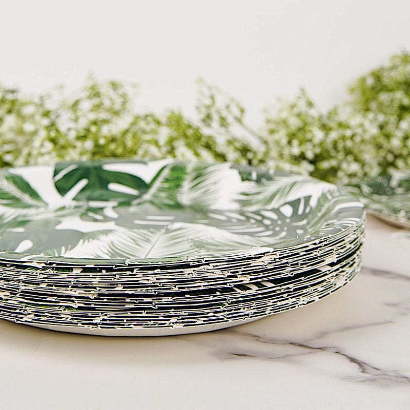 25 White Round Disposable Paper Salad Plates with Tropical Leaves Design