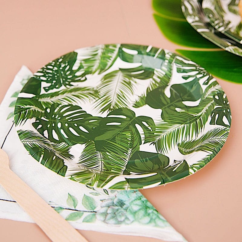 25 White Round Disposable Paper Salad Plates with Tropical Leaves Design