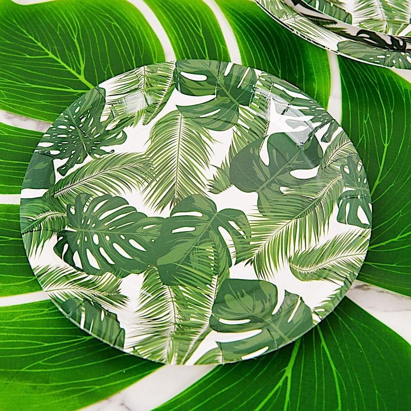25 White Round Disposable Paper Salad Plates with Tropical Leaves Design