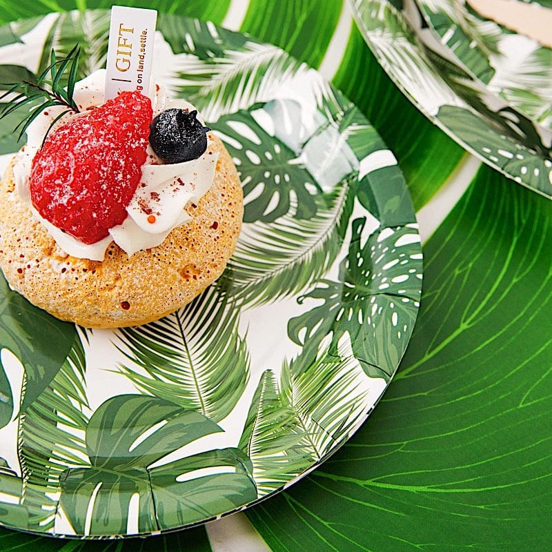25 White Round Disposable Paper Salad Plates with Tropical Leaves Design