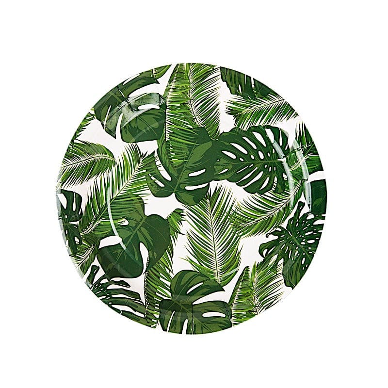 25 White Round Disposable Paper Salad Plates with Tropical Leaves Design