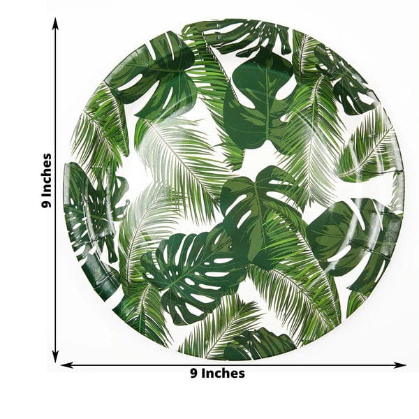 25 White Round Disposable Paper Salad Plates with Tropical Leaves Design
