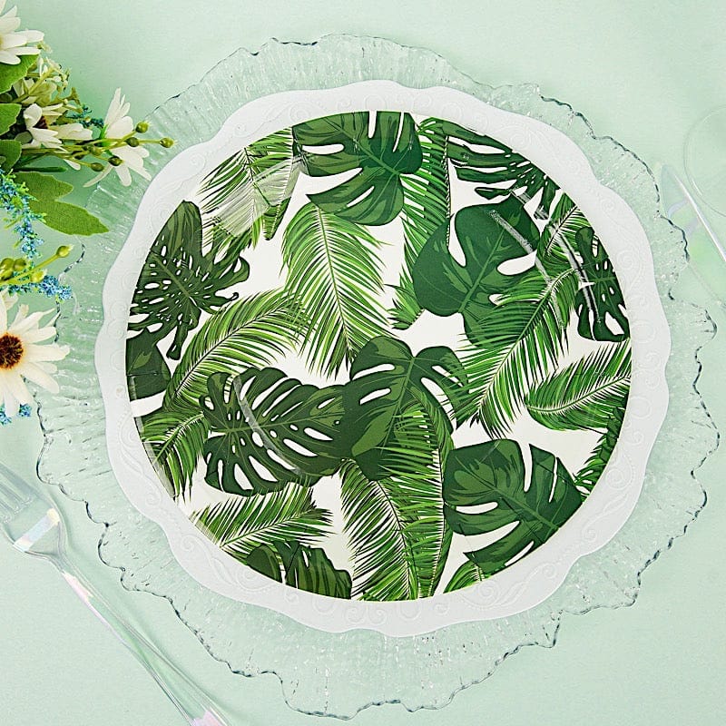 25 White Round Disposable Paper Salad Plates with Tropical Leaves Design