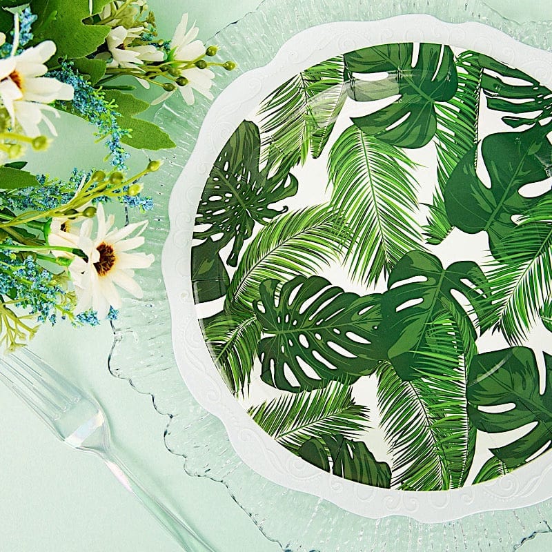 25 White Round Disposable Paper Salad Plates with Tropical Leaves Design