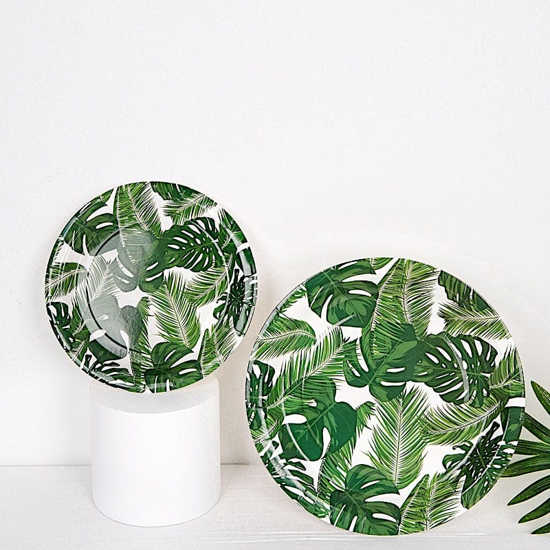 25 White Round Disposable Paper Salad Plates with Tropical Leaves Design