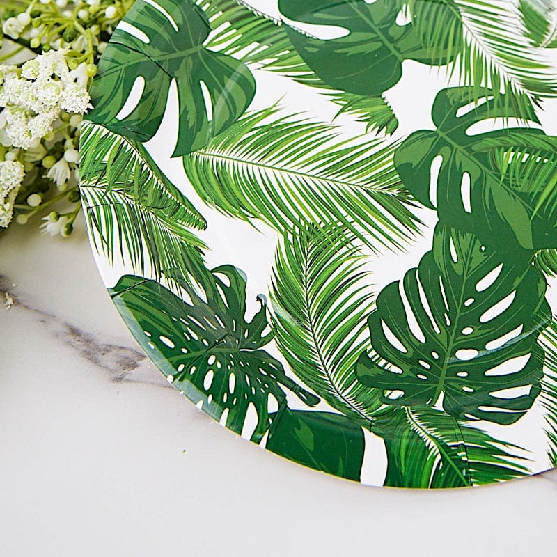 25 White Round Disposable Paper Salad Plates with Tropical Leaves Design