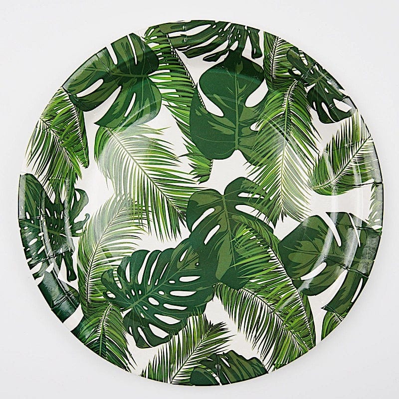 25 White Round Disposable Paper Salad Plates with Tropical Leaves Design