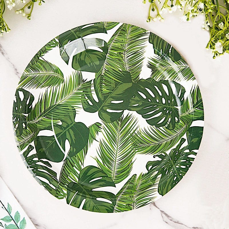 25 White Round Disposable Paper Salad Plates with Tropical Leaves Design