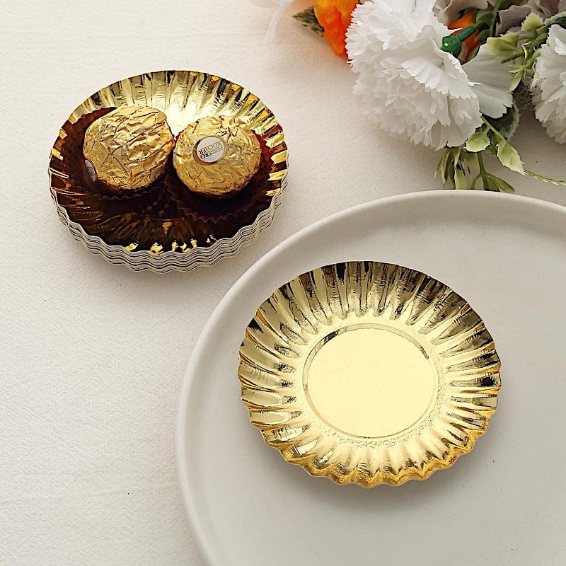 50 Metallic Round Disposable Mini Dessert Paper Plates with Scalloped Trim