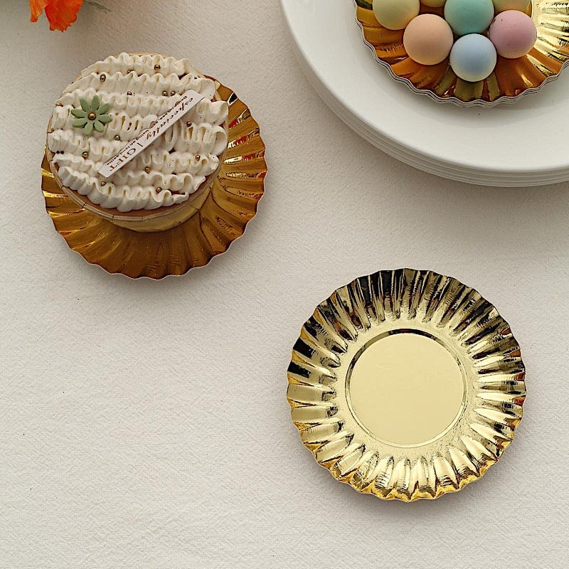 50 Metallic Round Disposable Mini Dessert Paper Plates with Scalloped Trim