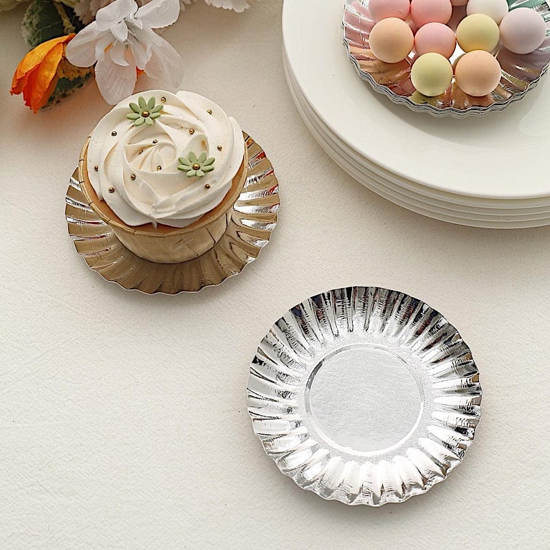 50 Metallic Round Disposable Mini Dessert Paper Plates with Scalloped Trim